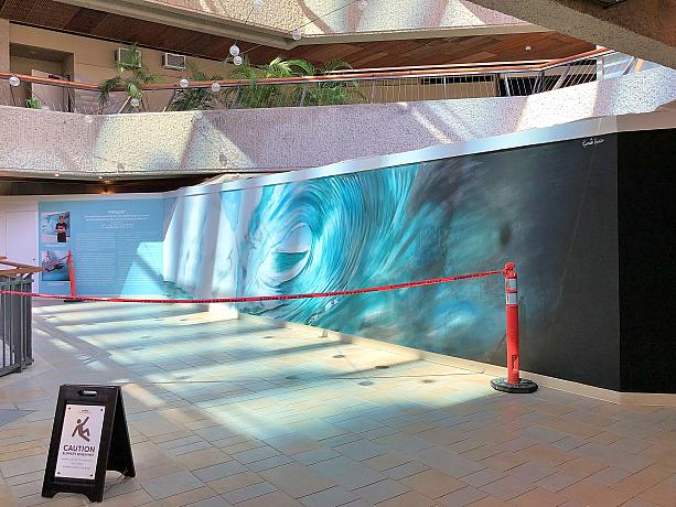 同じくロイヤル・ハワイアン・センターA館3階には、カカアコで開催されるアートイベント「POW! WOW! ハワイ」の壁画アーティスト、カメア・ハーダー氏と、ハワイの自然の写真を撮り続けている写真家ザック・ノイル氏の初コラボ作品が。テーマは「ストリート・ミーツ・サーフ」。（雨上がりで床が滑るため一時的に立ち入り禁止になっていました）