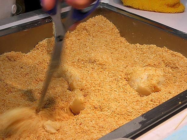 もち米をやわらかく練った状態のまさにお餅の固まりをピーナツや胡麻、ココナッツなどを細かくすったものの中に入れます。
