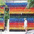 カフェの壁は大きなレインボーフラッグ！こちらは125000本もの造花でつくられています！