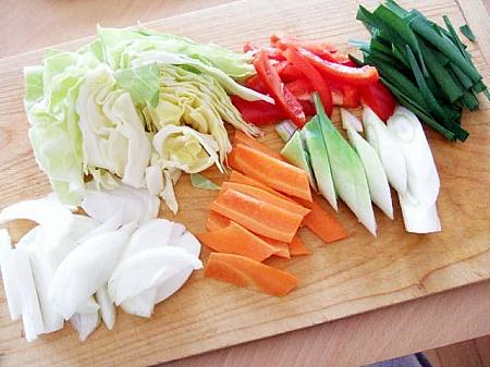 ３、野菜は食べやすいようにざく切りにする。
