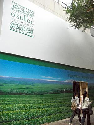 いつも大人気のカフェ「o’sulloc」。工事のため現在は壁で覆われています。お店ファンの方々、鍾路（チョンノ）や江南（カンナム）にも支店がありますョ。