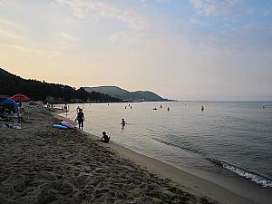 幅も広く、どこまでも続く白い砂浜。振り返ると山しか見えないのが釜山と違います。