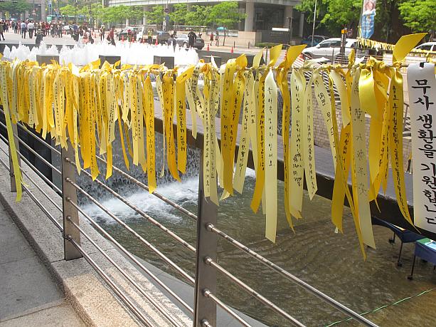 ソウル市民の憩いの広場、清渓川に来てみると．．．この黄色いものは？