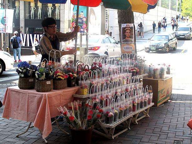 女子大の街、梨大の正門前ではたくさんのお花が売られてる～