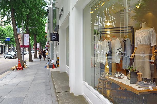 街路樹の通りに沿って洋服のお店がたくさん集まるソウルのオシャレストリート、カロスキル。