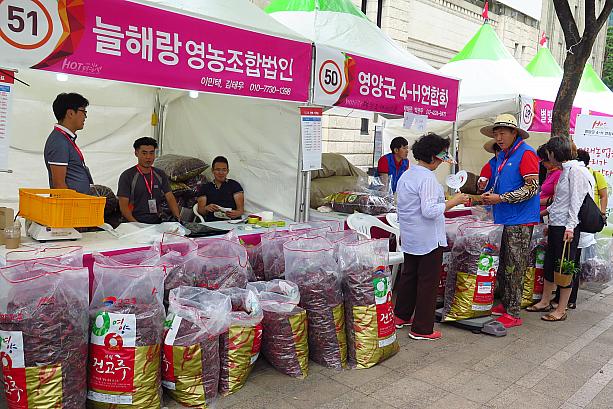 こんなに大きな袋入りの唐辛子があちこちで売られているんです！さすが韓国料理に欠かせない唐辛子。