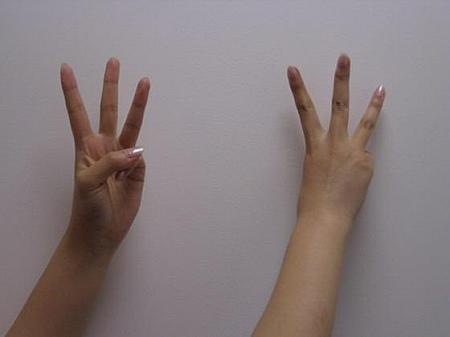 〔３：三：サン〕<br>
真ん中の指を三本たてるタイプの３を使う人もいます。日本ではこっちの方がオーソドックスですよね。