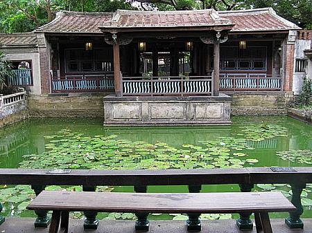 方鑑齋を囲む深い緑色が美しい池