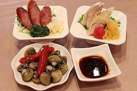 左上：台湾風ソーセージ　右上：地鶏もも肉　左下：あさりの醤油漬<br>コースを注文すると台湾料理も少し食べられますよ～