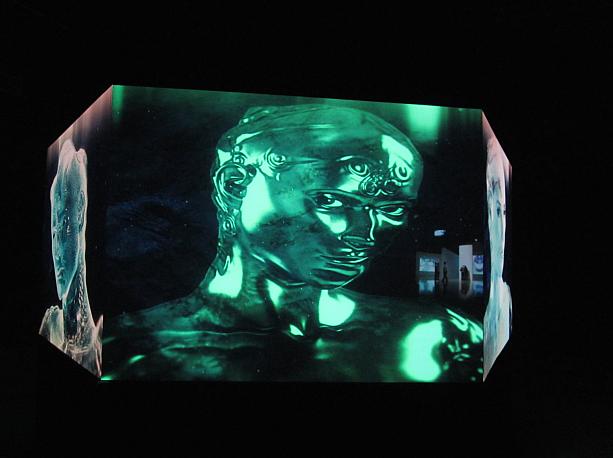 二階に展示されているこの作品はホログラフで暗闇に浮き上がっています。「イブ・クローン」というシリーズ。