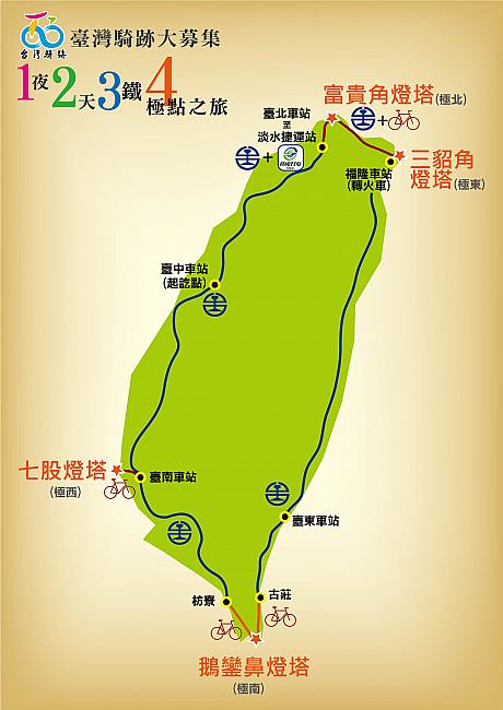優秀賞を受賞した游志祥さんは「台湾向前行─1夜2天3鉄4極點之旅」と名付け、1泊2日で高鉄・台鉄・鉄馬（自転車）の3つの「鉄」を使用し(MRTも使用します)、最東西南北の地点を回るというものです！