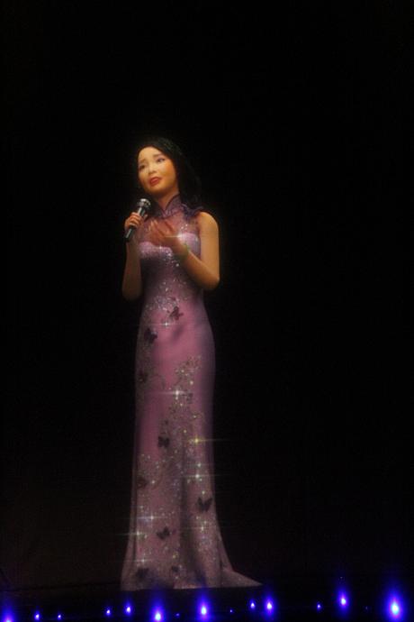 そしてデザイナーの方國強さんが約1カ月の時間を費やしてデザインした紫の蝶々をモチーフにしたチャイナドレスを着て歌うテレサテンの3D映像はテレサテンが目の前に戻ってきたようです！