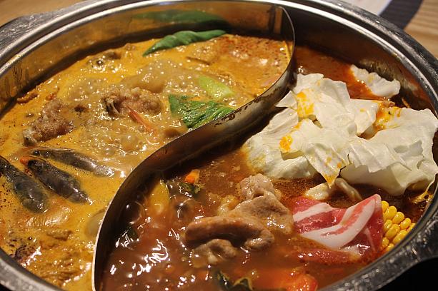 メインのお鍋のスープは7種類から選べます。奥がココナッツカレー、手前は牛テール野菜。