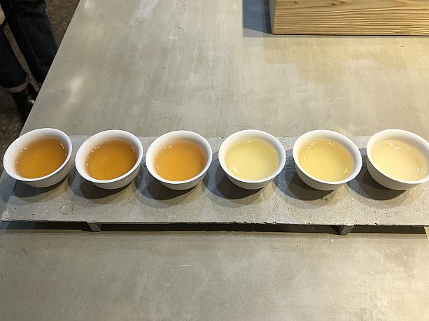 品種の他に、不発酵、半発酵、完全発酵と発酵度合いも違う6種類の台湾茶。発酵の度合いの順に並べてみると、その違いは一目瞭然！