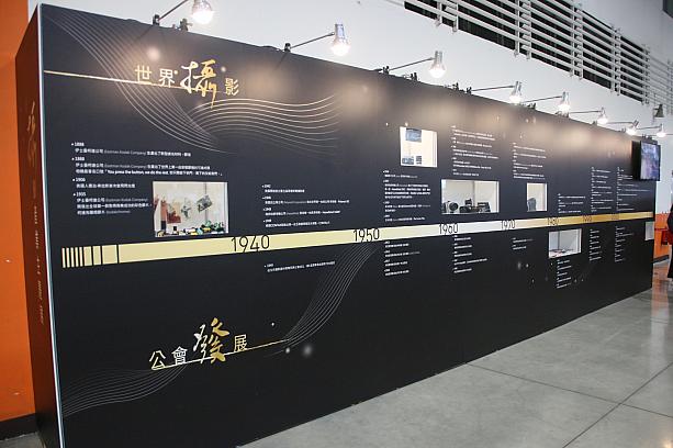 台北市撮影機材商業同業公会が今年設立70周年を迎えたことを記念して開催された写真機材用品展。場内には、台湾内外のカメラ相関史のボードがありました。