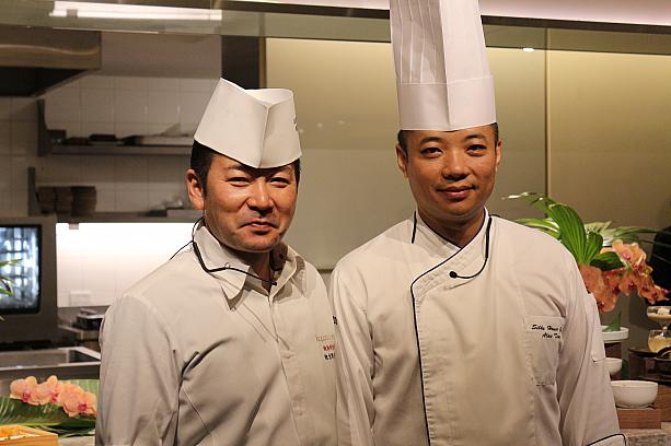 銀座kappou ukaiの他力野慶太さん(左)とリージェント台北・晶華軒の蔡少華さん。1カ月の限定メニューのために、3カ月近くの準備期間を経て完成したメニューを提供します。ちなみに今回は福井県産の食材がふんだんに使われているそうですよ。