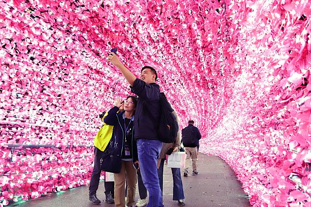 SNSに自撮り写真をアップする人に大人気なのが、イルミネーションを施した歩道橋の数々！一面の桜にライトを施した「新府天橋」はピンク色でキュート♡