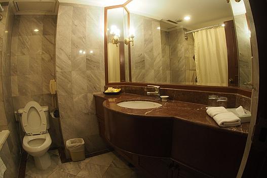 浴室の洗面台周りは広くて使いやすい。バスタブにハンドシャワー。