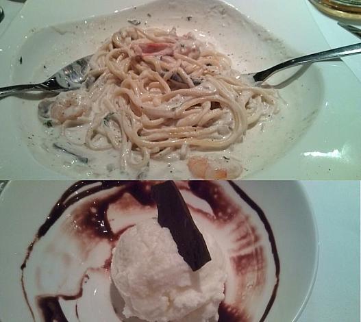 パスタセットの海老のクリームスパゲッティとアイスクリーム