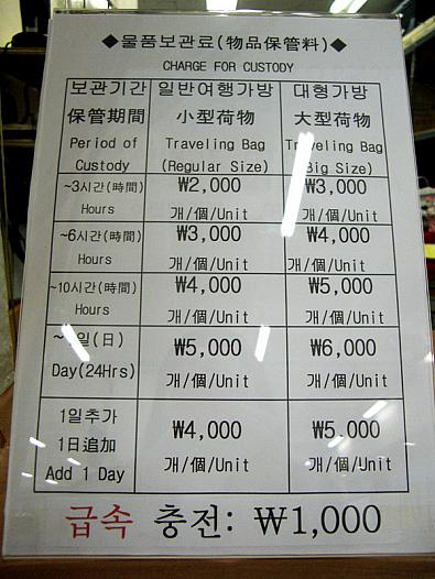 手荷物預かり所の料金表＠釜山港