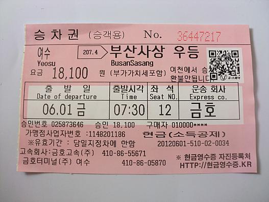 麗水バスターミナルで購入した釜山西部行きの乗車券。부상사상（Busansasang、釜山沙上）と記載されている。