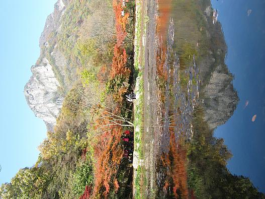 白羊寺参道池に映えるモミジと山