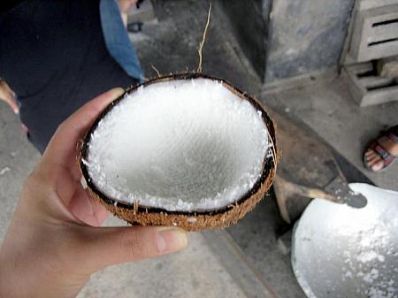 削っている最中のココナッツの果肉部分