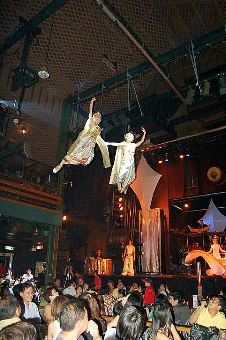 ハイライト！ダンサーが空中を飛び回る本格ショーに、ナビは上を見上げて口をあんぐり。
