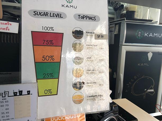 タイのこういうお店のドリンクって甘すぎるのでは？という心配は無用です。甘さのレベルを、０％、２５％、５０％、７５％、１００％から選ぶことが出来ます。