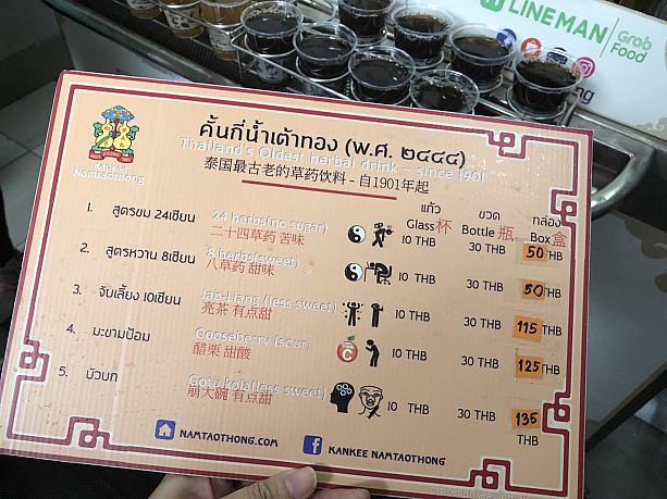 タイ語が分からなくても、メニューには英語と、効用を示すイラストが。どれも1杯10バーツ（35円程）と安い！