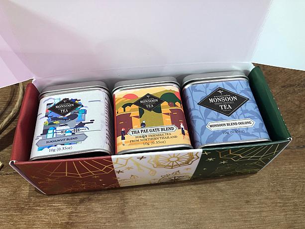 好みのお茶のミニ缶を3つ選べば箱に入れてもらえます。タイ土産の新たな選択肢が増えて嬉しいナビでした！