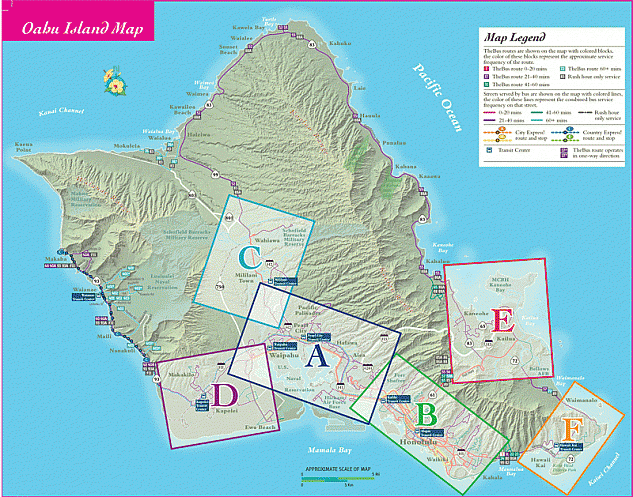 ザ・バスの路線図（ルートマップ）。オアフ島のほぼ全域をカバーしています。