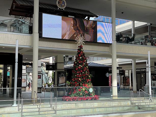 12月初旬、まだロコの挨拶は、「Have a good one!」「Have a great day!」（良い日を！）。Happy Holidays（良いホリデーシーズンを）やMerry Christmasと言い合うには少し早いよう。でも街のあちこちのクリスマスツリーは準備完了。こちらはアラモアナセンターのセンターステージ上階にあるツリー。
