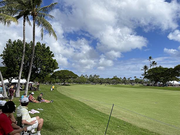 芝に座り込んで、ゆったり観戦。ハワイらしい。機会があればお試しを。