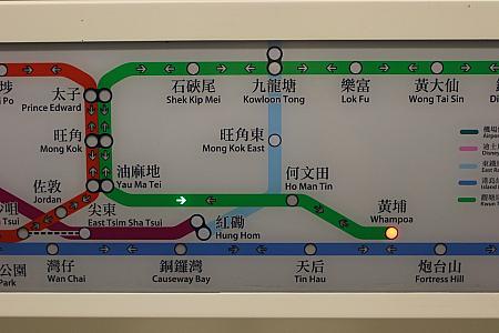 緑色のラインがクントン線。香港の地下鉄は色分けされているので直ぐに分かり便利ですよ。