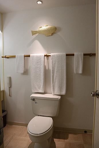 バスルーム内。バスタブと固定式シャワー。