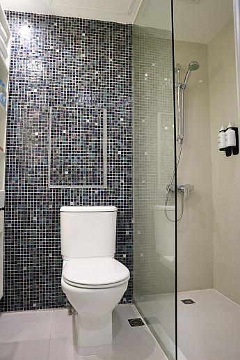 こちらは浴室内の様子。濃いブルーのグラデーションタイルは清潔感と落ち着いた雰囲気をアップしています。バスタブはなく、シャワーブースが設置されています。