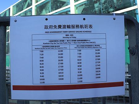 こちらはワンチャイ⇔九龍城の時刻表。ちょうどコンベンションセンターの先端あたりが船着場となります。