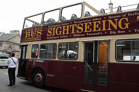 ビッグ・バス・ツアーは茶色とベージュの車体が目印