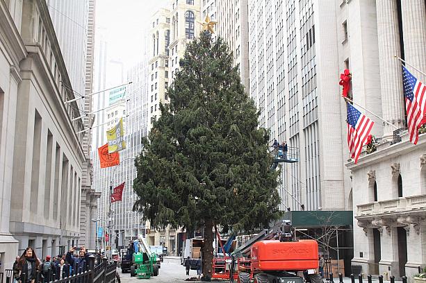 ニューヨーク証券取引所もクリスマスツリーの準備中。<br>1923年から続く伝統のあるツリーです。