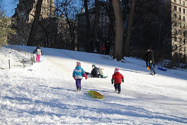 セントラルパークは雪遊びに夢中になっている人で賑わっていました。