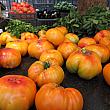 夏の名残を残すトマト。マルシェにはいろんな種類があります。こんな巨大トマトまで！