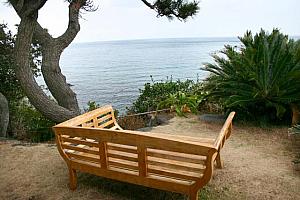 主人公の2人が座った海岸沿いのベンチ（客室｢コダン｣の庭） 