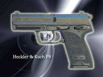 【H&K P8】長さ194mm、重さ770g、9mm、セミオート<br>同社の代表作、USPの軍用バージョン。汎用性に優れている。
