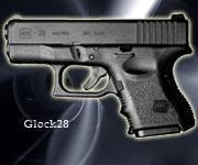 【Glock 28】オーストラリア製。口径:380、長さ:160ｍｍ　重さ:529g<br>他のピストルに比べてグリップが短く、重さも軽い小型ピストル。