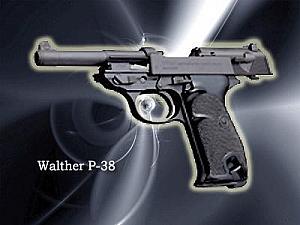 【WARTHER P38】長さ216mm、重さ790g、9mm、セミオート<br>第２次世界大戦当時ドイツ軍将校用の拳銃。戦争映画によく登場。
