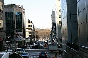 ホテル側から見た大通り方面。奥は朝鮮王陵「宣陵・靖陵」。
