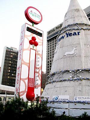 ソウル広場のツリーの横の温度計は年末の募金の集まり具合を表示するもの。今年は成果がイマイチのよう・・・！？ 