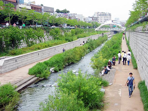 市民の憩いの場、清渓川（チョンゲチョン）。ソウル市庁の裏から東大門の先まで続くこの川ですが、今日は東大門のちょっと手前、広蔵市場近くの川沿いにやってきました〜。
