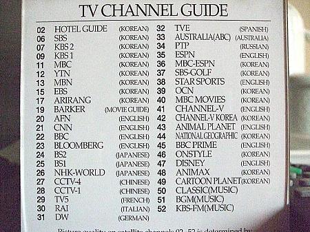 このホテルで映るテレビ局の一覧です。いろいろありますが見ていたのは殆どＫＢＳ１、ニュースばかりです。 